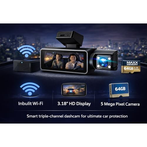 Image of Carhatke Triple Channel 1080P Dash Cam for Car | Front + Cabin + Rear Camera | Full HD Recording | Loop Recording | Night Vision | Wide Angle | G-Sensor | Easy Installation | 1 Year Warranty