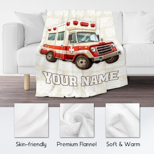 Personalized Ambulance Blanket, Cozy Soft Throw Gifts for Kids, Cute White Flannel Throw Blankets for Bed Travel, 50x60 Inches