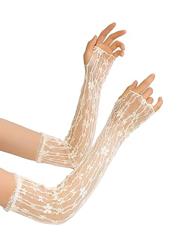 SHENHE Women's Sheer Lace Tulle Gloves Fingerless Elbow Length Arm Sleeves Mittens Flower Beige one-size