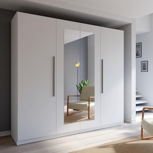 Forte Helen Kleiderschrank 230, klassischer Drehtürenschrank, 4-türig, Spiegel, Schlafzimmer, Holzwerkstoff, Weiß, 227,5 cm breit x 212,9 cm hoch x 58,9 cm tief