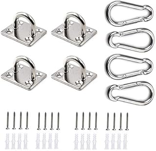 4Pcs M6 304 Stainless Steel Oblong Pad Eye Plate and 4Pcs Carabiner Clips, Marine Hardware Staple Hook Loop With 16 Screws and Plastic Plugs