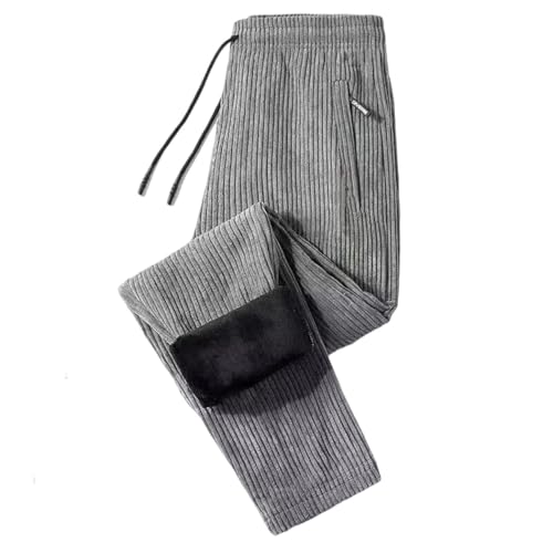 Men's Vintage Winter Fleece Corduroy Sweatpants Thick Thermal Straight Pants with Zipper Pockets