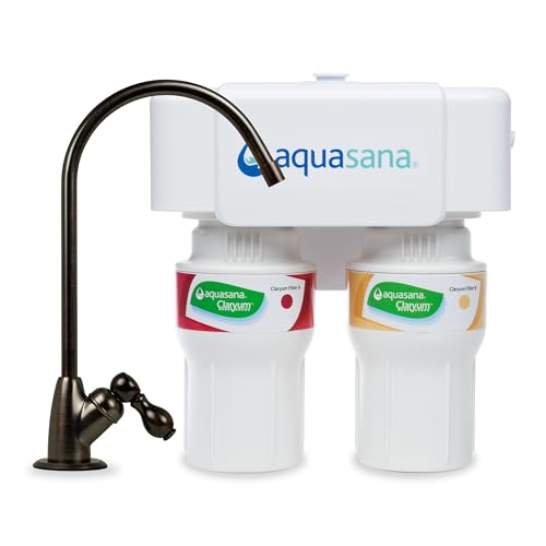 Aquasana Under Sink Water Filter System - Reduces PFAS, Lead, &amp; Chlorine in Drinking Water - Under Counter Claryum Filtration for Kitchen - 2-Stage - Oil-Rubbed Bronze Faucet - AQ-5200.62