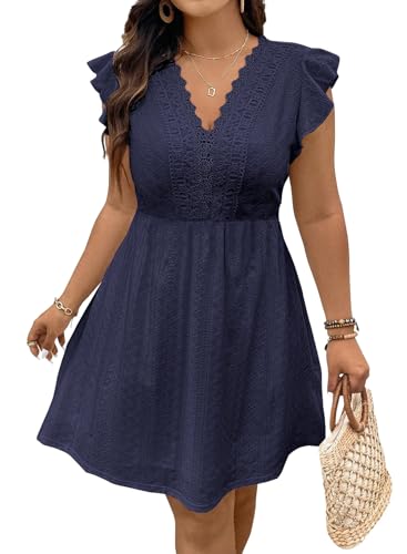 Eytino Women Plus Size Summer Dresses 2025 Fashion Lace V Neck Ruffle Sleeve Boho Beach Sundress,4X Navy Blue