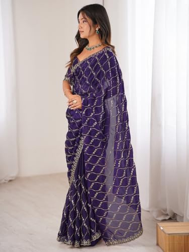 Image of AKHILAM Women's Shimmer Chiffon Heavy Sequence Embroidery Work Saree With Unstitched Blouse Piece (VT798A VM Parent)