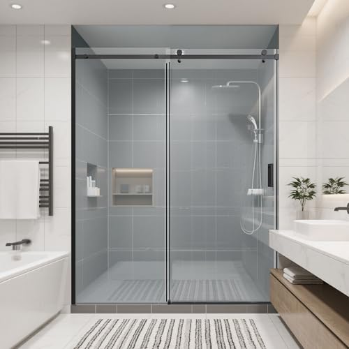 Image of 56-60 inch W x 74 inch H Frameless Shower Doors, Bathroom Single Sliding Shower Glass Doors with 5 /16 inch (8mm) Clear SGCC Tempered Glass and Stainless Steel Handle, Reversible Installation, Matte Black