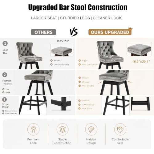 Image of Grey Swivel Bar Stools, Velvet Counter Height Bar Stools Set of 2