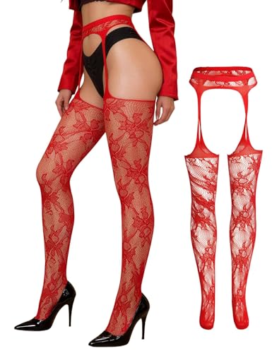 comeondear Collant Femme XXXL 5XL Grande Taille 40-120Kg Bas Pour Porte Jarretelle Collants Resille Noir Bas Rouge Hauts de Cuisse Lingerie(Rouge,3XL-5XL)