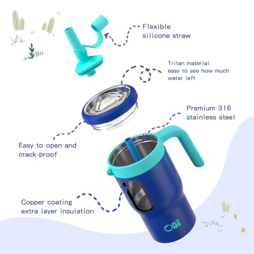 Image of OISIZ 14oz Kids Tumbler with Straw Lid & Handle,Kids Cup with Animal Accessory for School,Kids Water Bottles with Dust-proof Cover,Leakproof Water Bottles,316 Stainless Steel,Keep Cold 24 Hours-blue