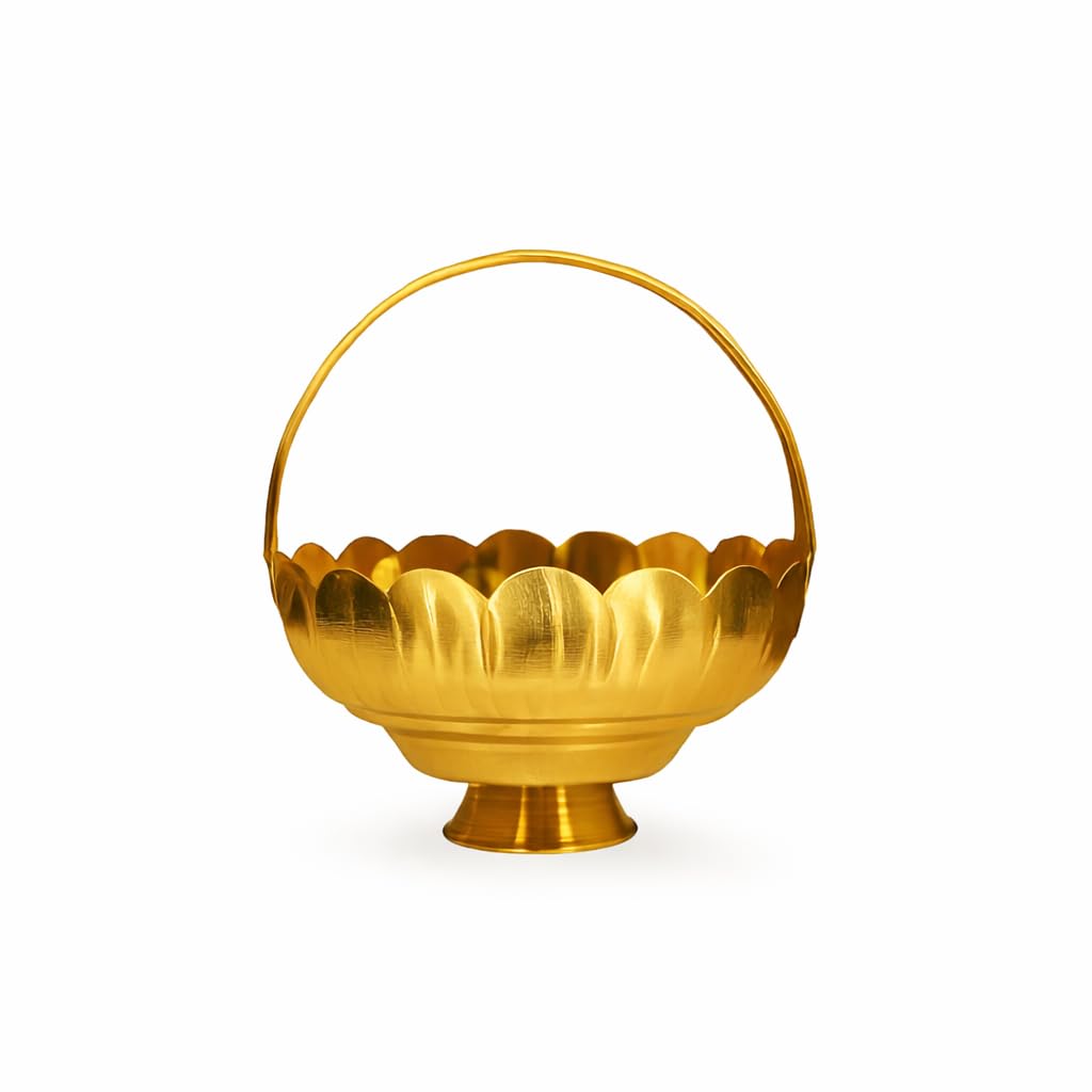 Shrinika Brass Flower Basket | Brass Pooja Dolchi | Traditional Pooja Basket | Pooja Dalia Made of Brass Material with Handle-image-8