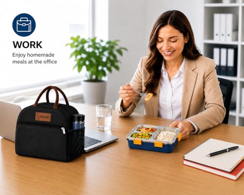 Image of Misamo Enterprise Lunch Box with Insulated Lunch Bag Combo, 3 Compartment Stainless Steel Lunch Box with Spoon & Fork, Reusable Lunch Set for Office, School & Travel (Black Bag+Blue Lunch Box)