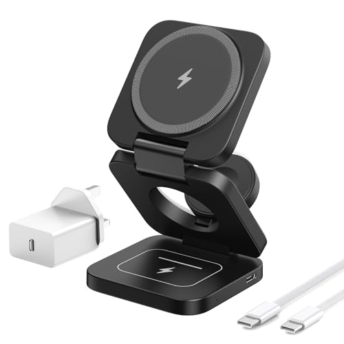 KU XIU 3 in 1 Wireless Charging Station for iPhone, Foldable Fast Magnetic Charger, Travel Wireless Charger Stand for iPhone 17/16/15/14/13/12, for AirPods, for Apple Watch (Adapter Included)