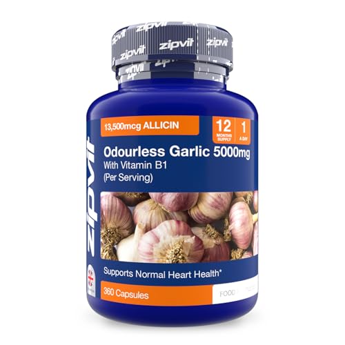Zipvit Odourless Garlic Capsules 5000mg with Vitamin B1 360 Capsules (12 Month Supply) 10mg 500:1 Garlic Extract