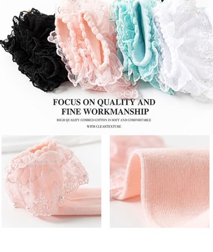 Image of Women Ruffle Socks, Soft Comfortable Lace Frilly Fashion Princess Socks with Pearls 3 Pairs
