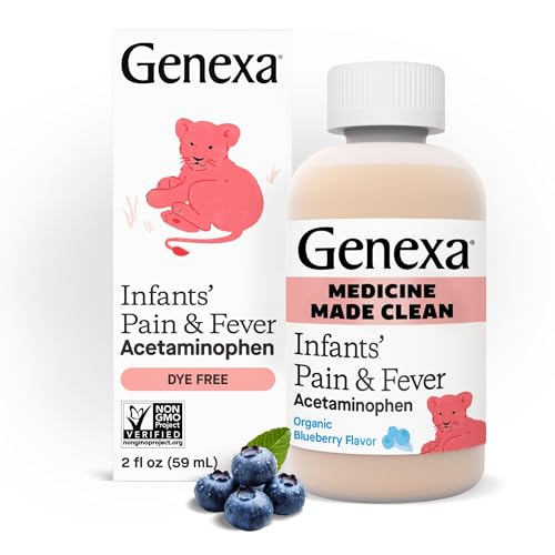 Image of Genexa Infants' Clean Acetaminophen | Pediatrician Preferred Ingredients | Pain Reliever & Fever Reducer for Babies | Dye Free, 0% Artificial Additives | Delicious Organic Blueberry Flavor, 2 fl oz