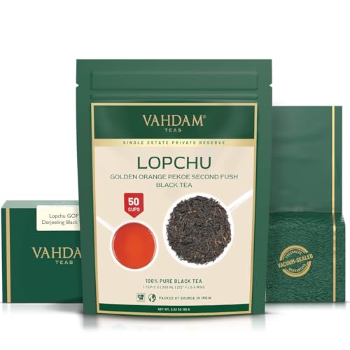 Image of VAHDAM, Second Lopchu Golden Orange Pekoe Black Tea| 40+ cups, 3.53 oz | Pure 100% Unblended Darjeeling Black Tea Loose Leaf | Single Estate Tea