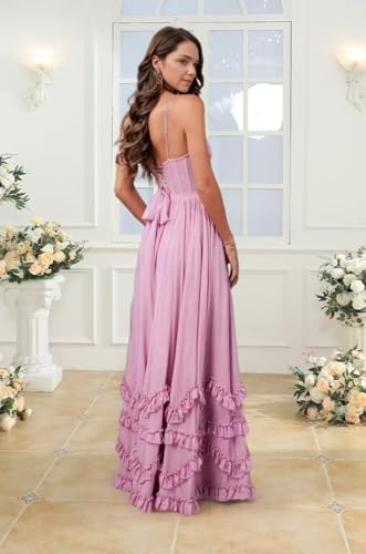 Women's V Neck Chiffon Bridesmaid Dresses Long Ruffle Maxi Formal Evening Dress VS2202