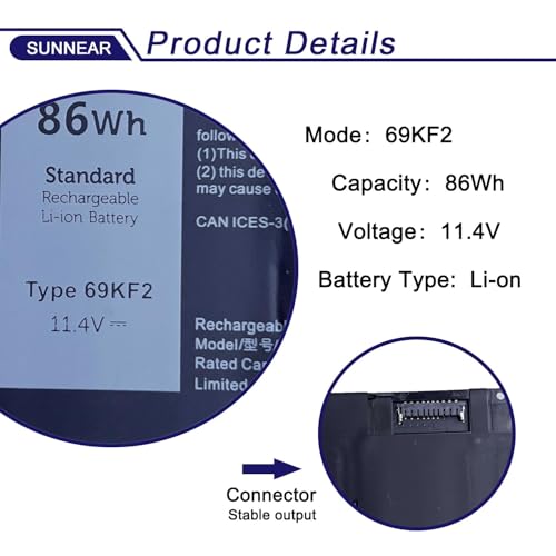 Image of 69KF2 86Wh Battery Replacement for Dell XPS 15 9500 9510 9520 G15 5510 5511 5515 5520 5521 Precision 5550 5560 5570 G5 G7 G16 Alienware M15 R3 R4 R5 R6 R7 M17 R3 R4 Inspiron 7510 7610 7620 8FCTC P87F