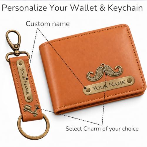 Image of Zift Personalized Name & Charm Leather Wallet & Keychain Gift Set for Men | Custom Name Engraved Wallet with Keychain | Birthday Anniversary Diwali Corporate Gifts for Men (Caramel Tan)