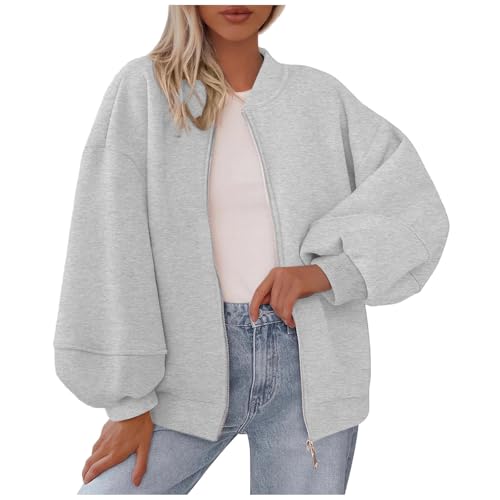 Womens Zip Up Sweatshirts Jackets Long Sleeve Stand Collar Oversized Outwear Coats Casual Warm Loose Bomber Jacket