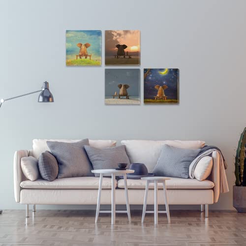 Cartoon Elephant Wall Art Nursery Animals Canvas Pictures Resting Elephant Looking To The Sky Paintings Cute Animal Prints 4 Pieces Artwork For Bedroom Living Room Bathroom 12”X12” #TOP4
