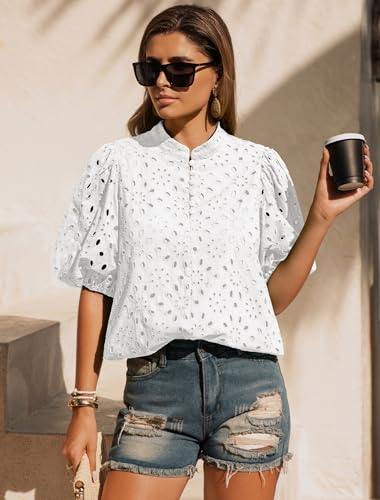 Womens Eyelet Summer Tops Lantern Short Sleeve Button V Neck Dressy Casual Blouses Hollow Out Embroidered Lace Shirts2
