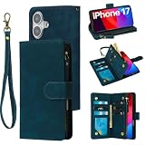 RANYOK Wallet Case Compatible with iPhone 17 Case, with 6 Card Holder RFID Blocking, PU Leather Zipper Flip Wallet Pocket, Kickstand, Wrist Strap | Protective Phone Cover for 17, Blue