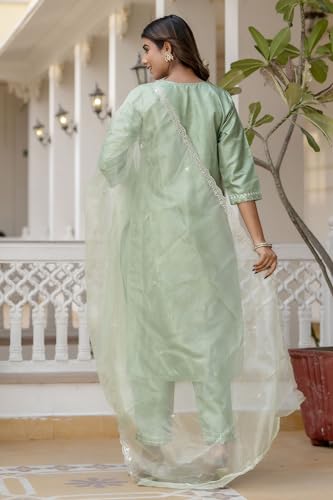 Image of VredeVogel Women's Silk Blend Embroidered Kurta with Pant & Dupatta Set