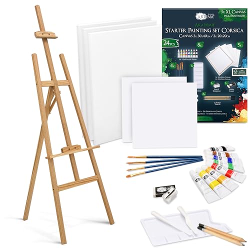 Artina 24 pcs Kit Peinture Acrylique avec Chevalet Bois 150 cm – Set Corsica avec 5 Toiles, 8 Couleurs 12 ml, Pinceaux, Spatules, Palette – Coffret Peinture Créatif...