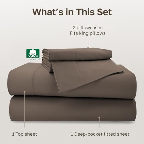 Image of California Design Den 500TC 100% Cotton King Sheets Set, Mushroom Brown | Good Housekeeping Seal, OEKO-TEX Certified, Silky-Soft Sateen Weave, 4pc Set, 16 inch Deep Pockets, For Hot Sleepers, All-Season