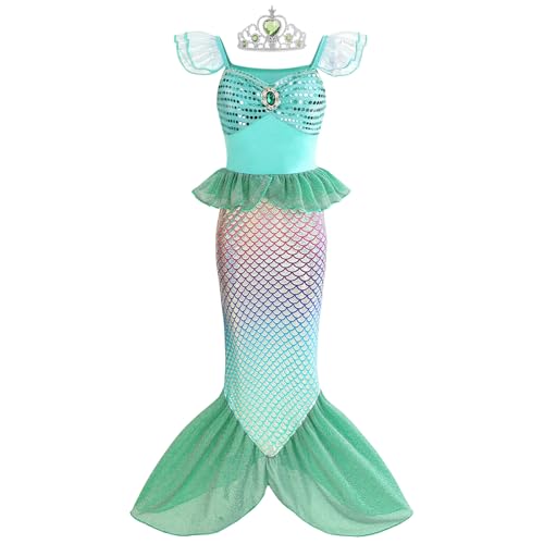 Mskseciy Mermaid Dress Mermaid Tail Costume Girls Princess Dress with Crown for Girl 3-8 Birthday Gifts Xmas Halloween Costumes (Green 5-6 Years)