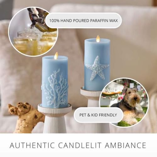 Image of Luminara Embossed Coral Flameless LED Candle Moving Flame Pillar, Unscented Real Wax with Recessed Edge 3 inch x 6.5 inch (Soft Chambray)