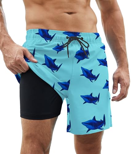 Mens Swim Trunks with Compression Liner Quick Dry Swim Shorts Bathing Suit Swimsear 2 in 1 Beach Board Shorts