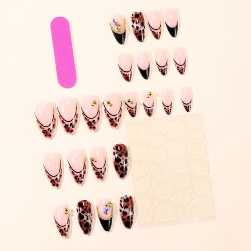 Image of Leopard Print Press on Nails French Tip Fake Nails with Gold Design Glossy Full Cover Glue on Nails Medium Almond False Nail Artificial Acrylic Diamond Stick on Nail for Women Manicure 24Pcs