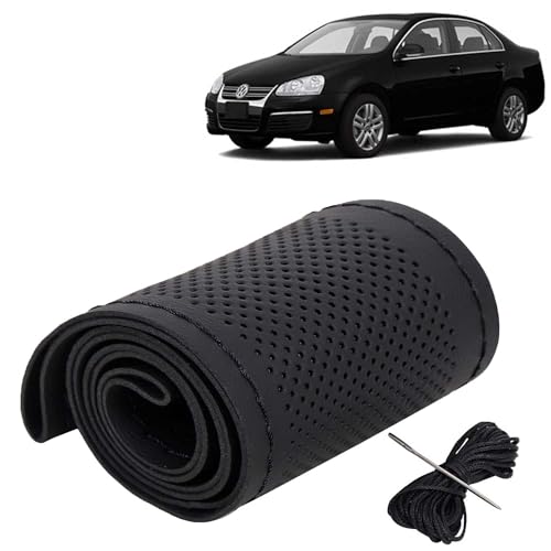 Image of KINGSWAY PU Leatherite Car Steering Cover Sewable Compatible with Volkswagen Jetta (Year 2006-2011), Black Color with Black Thread, Pack of 1 with Sewing Needle and Thread