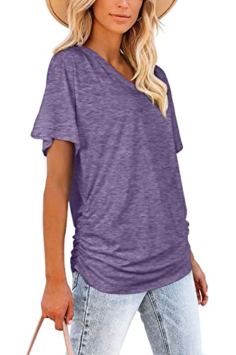Image of WIHOLL Womens Summer T-Shirts Short Sleeve V Neck Dolman Tops with Side Shirring Loose Fit Shirts Spring Fashion