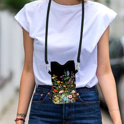 Image of Neoprene Cell Phone Sleeve Pouch Case Bag with Crossbody Strap Neck Lanyard for Women 7.1 X 3.9 in Flowers Plants
