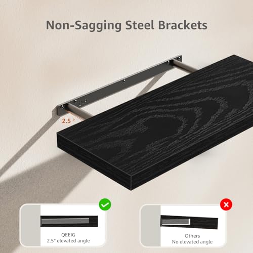 QEEIG Floating Shelves for Wall 23.6" Long - Wall Mounted Shelf Bathroom Kitchen Living Room Bedroom Farmhouse Home Decor Display Bookshelf Large 23.6 x 9.3 inch Set of 2, Black (008-60B)