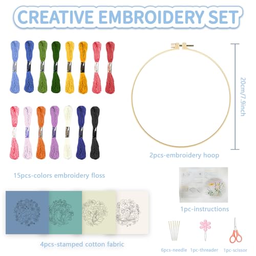 Image of FREEBLOSS 4 Set 8'' Beginners Embroidery Kit Artistic Flower Patterns Embroidery Starter Kit with Instructions Include Embroidery Fabric Embroidery Hoops and Threads for Hanging Decor
