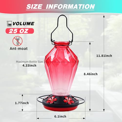Image of Glass Hummingbird Feeder for Outdoors Hanging, 25Oz Humming Bird Nectar Feeder, Perch, 5 Flower Feeding Ports, Leak Proof Base, Hook for Outside Garden Backyard, Gift for Women Mom, Diamond Red