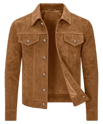 Men's Soft Suede Leather Trucker Jacket Western Style Cowboy Shirt Collar Genuine Leather Suede Jackets For Men