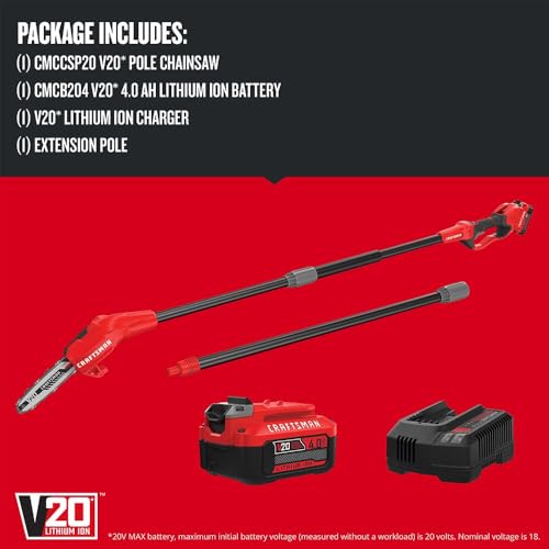 CRAFTSMAN V20 Cordless Pole Saw, 14-Foot, Battery and Charger Included, Pole Saws for Tree Trimming, Up to 325 Cuts per Charge, 4.0Ah, Electric Tree Trimmer (CMCCSP20M1)