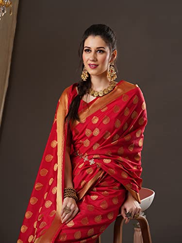 Image of AKHILAM Women's Floral Silk Blend Woven Design Saree With Unstitched Blouse Piece (Red 2RAWS9030 WBG)