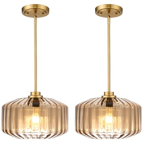 Image of 2-Pack Kitchen Island Hanging Lights Amber Glass Pendant Light Fixtures 1 Light 11.8 Inch Glass Shade Mid Century Farmhouse Hanging Lamps for Bedside Living Room Dining Room