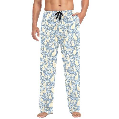 Mens Cotton Pajama Pants Sleep Lounge Pj Bottoms Sleepwear with Pockets Drawstring S Blue Rabbit