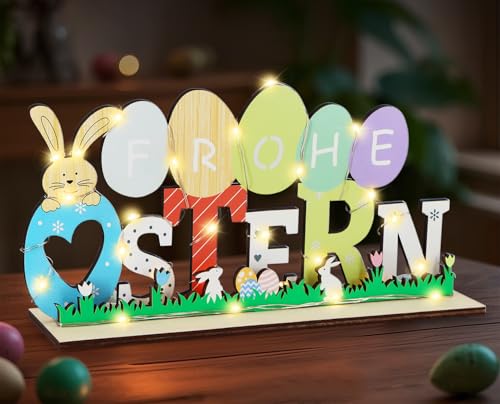 Giftota Osterdeko Holz mit LED Lichterkette, Frühlingsdeko Tisch Osterhase Deko, Original Ostergeschenke Kinder Familien - Osterdekoration Hase