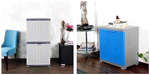 Image of Cello Novelty Big Plastic Cupboard with 3 Shelves and 4 Doors (White and Grey) Novelty Plastic Compact 2 Door Cupboard - Blue and Grey