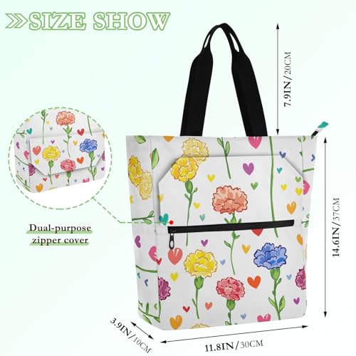 Carnation Heart Tote Bag for Book Lovers Reusable Bags with Zipper Pocket for School Work Shopping2