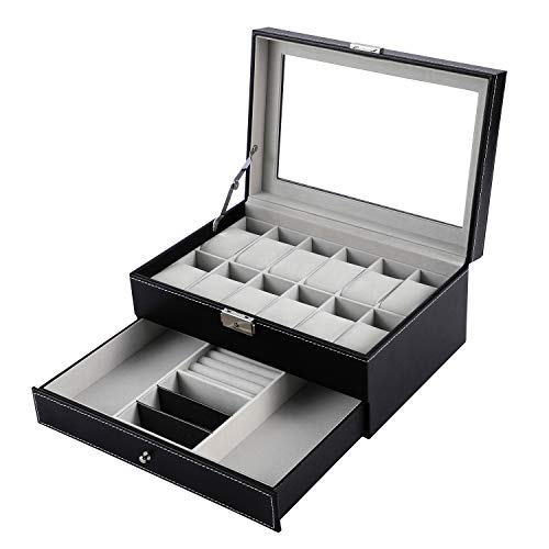 BASTUO 12 Jewelry Display Case Watch Box Organizer Holder with Jewelry Drawer for Storage, Men's Watch Storage Case Tray with Key&Lock, Black PU Leather with Glass Top