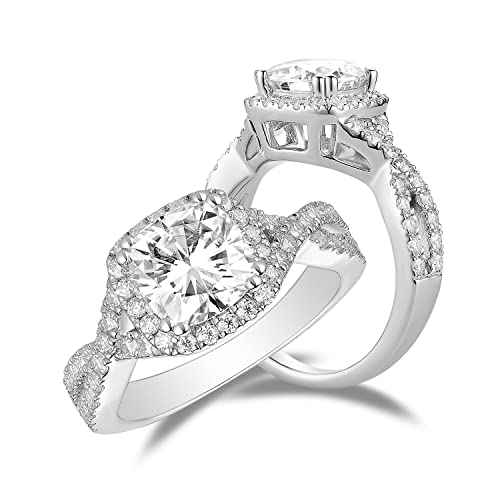 DovEggs Moissanite Engagement Rings for Women 2ct Center 7.5x7.5mm GHI Color Cushion Cut Near Colorless Moissanite Halo Split Shank Wedding Ring 14k Gold QUALITY Sterling Silver